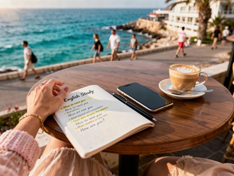 【サンプル】旅行で訪れた海外の海が見えるオープンカフェのテラス席で、英語の勉強をしながら、お気に入りのコーヒーを楽しんでいる。周りには現地の外国人が歩いている。