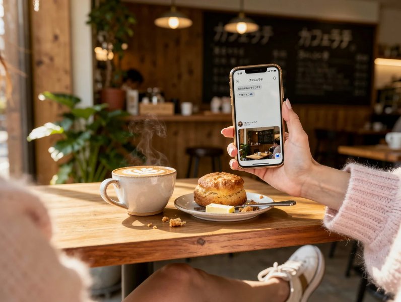 【サンプル】お気に入りのカフェで、淹れたてのカフェラテとスコーンを前に、スマホを眺めてリラックス